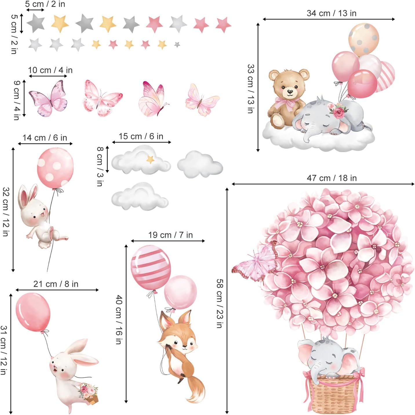 Roze muurstickers - Dieren en luchtballon