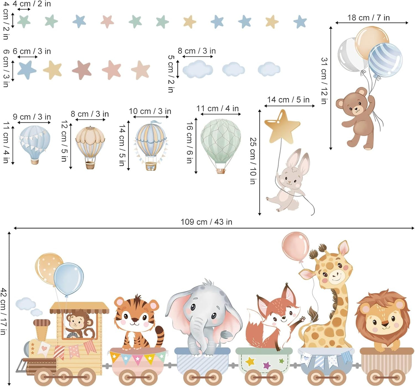 Muurstickers - Dierentreintje met ballonnen en sterren