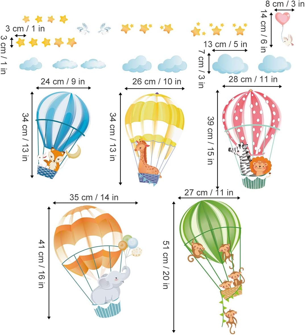 Muurstickers dieren luchtballonnen met verschillende dieren zoals vos, giraffe, zebra, olifant en apen in kleurrijke ballonnen