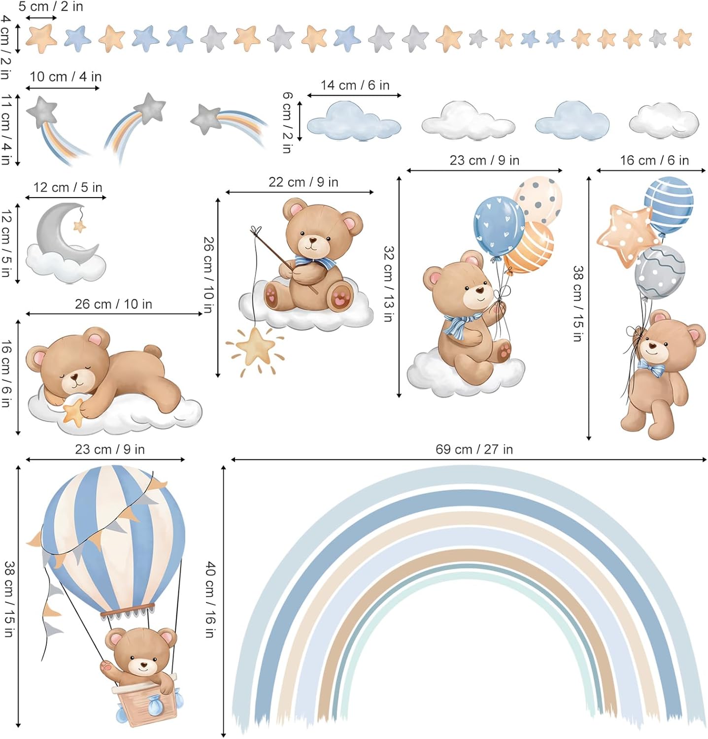 Muurstickers - Beertjes op wolken + regenboog