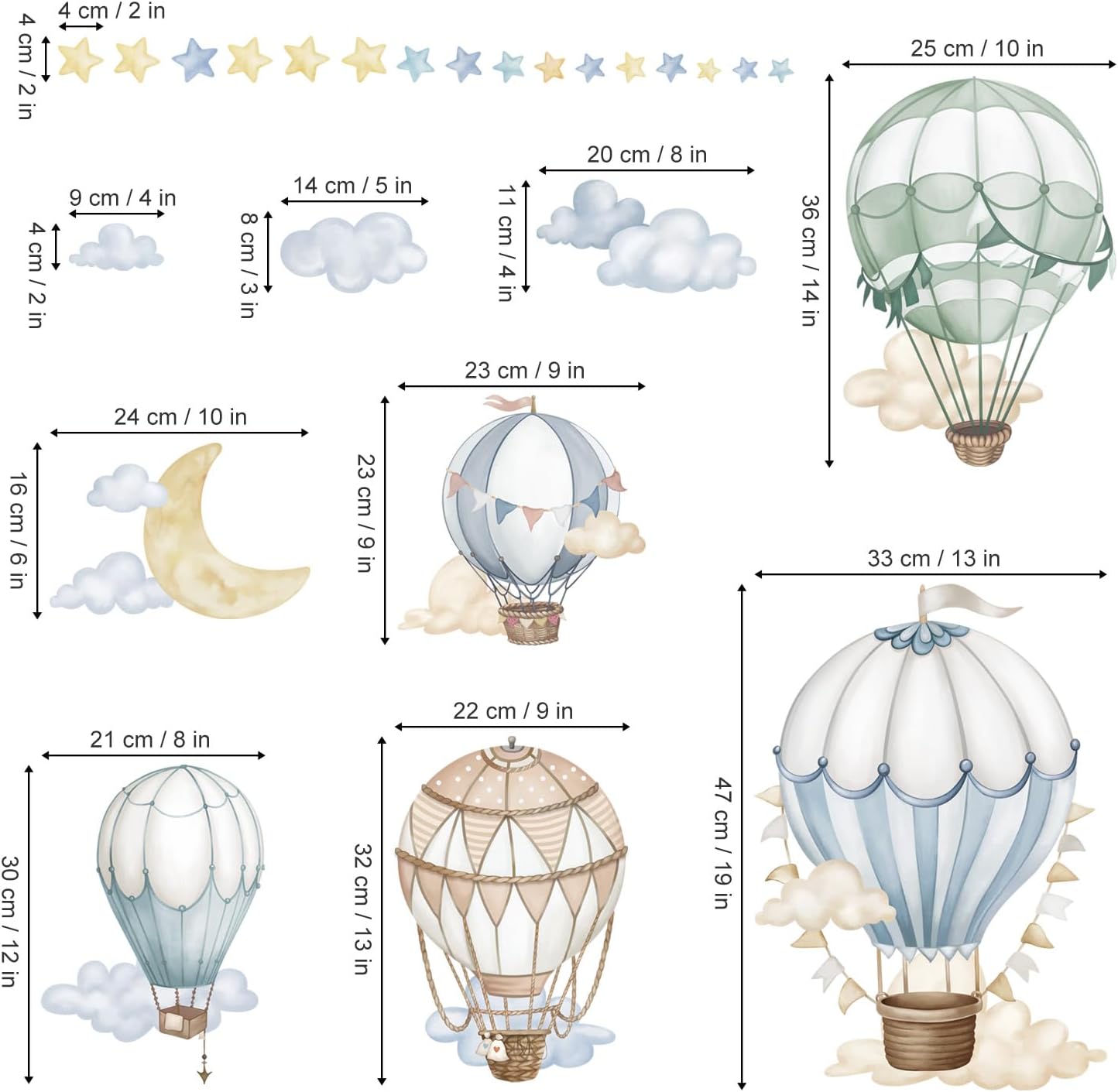Muurstickers ballonnen kinderkamer met luchtballonnen, maan, wolken en sterren in zachte pasteltinten